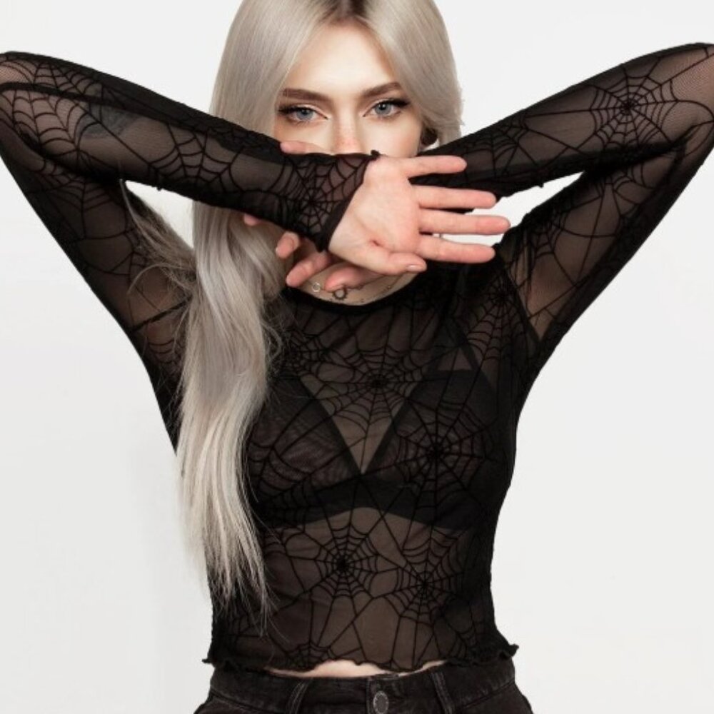 Disturbia Women's US 14 - Venom Mesh Crop Top Whimsigoth Black w Spiderwebs